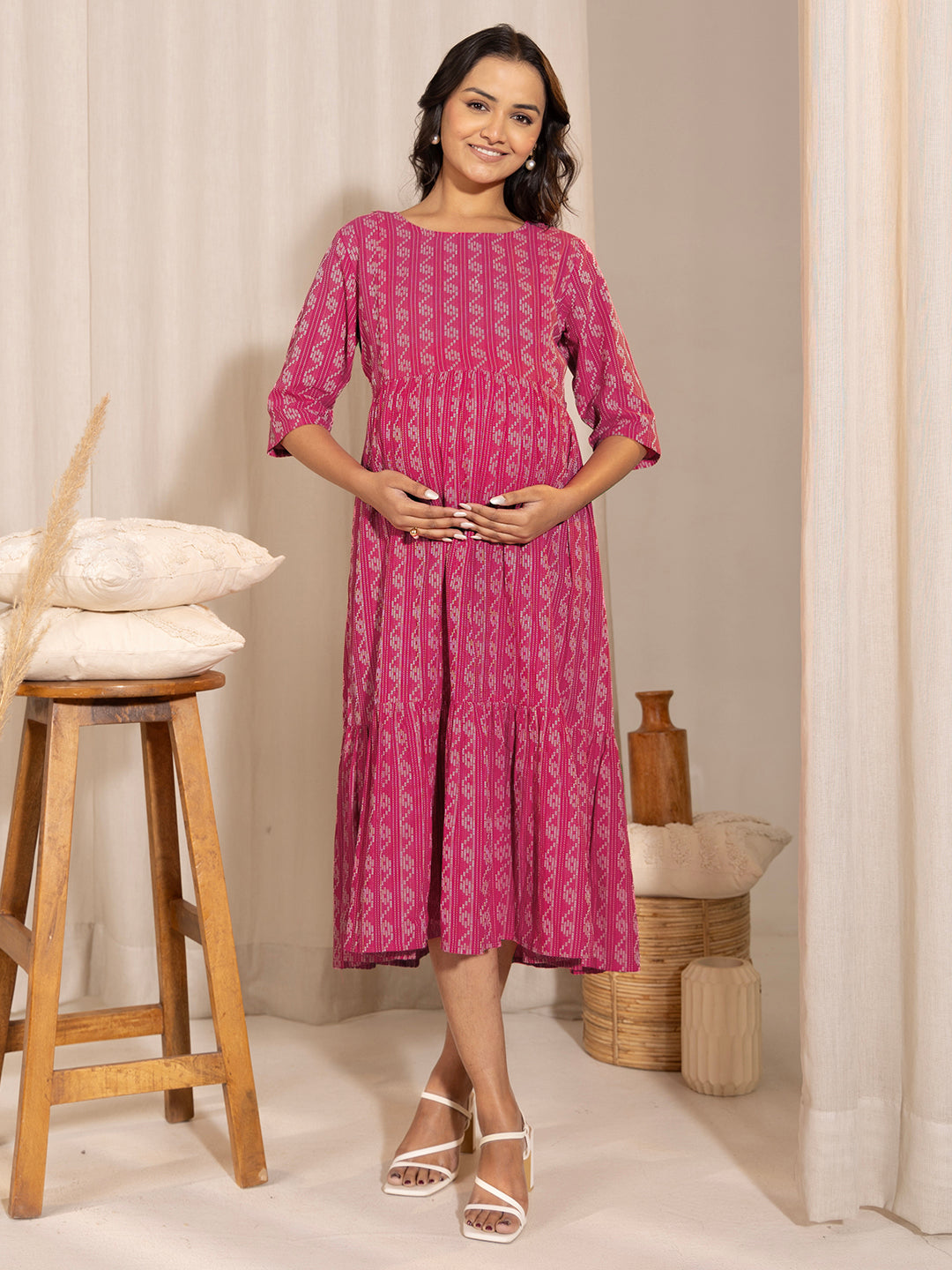Janasya Pink Cotton Woven Design Casual Maternity Dress - Distacart