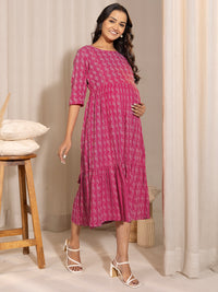 Thumbnail for Janasya Pink Cotton Woven Design Casual Maternity Dress - Distacart