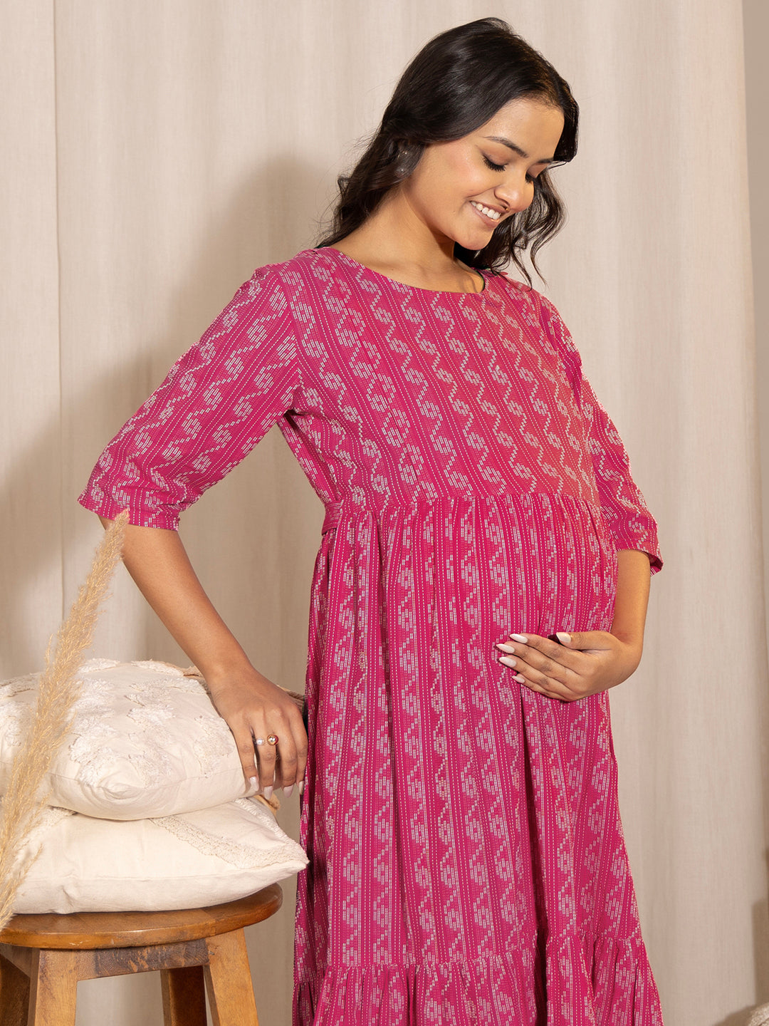 Janasya Pink Cotton Woven Design Casual Maternity Dress - Distacart
