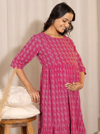 Thumbnail for Janasya Pink Cotton Woven Design Casual Maternity Dress - Distacart