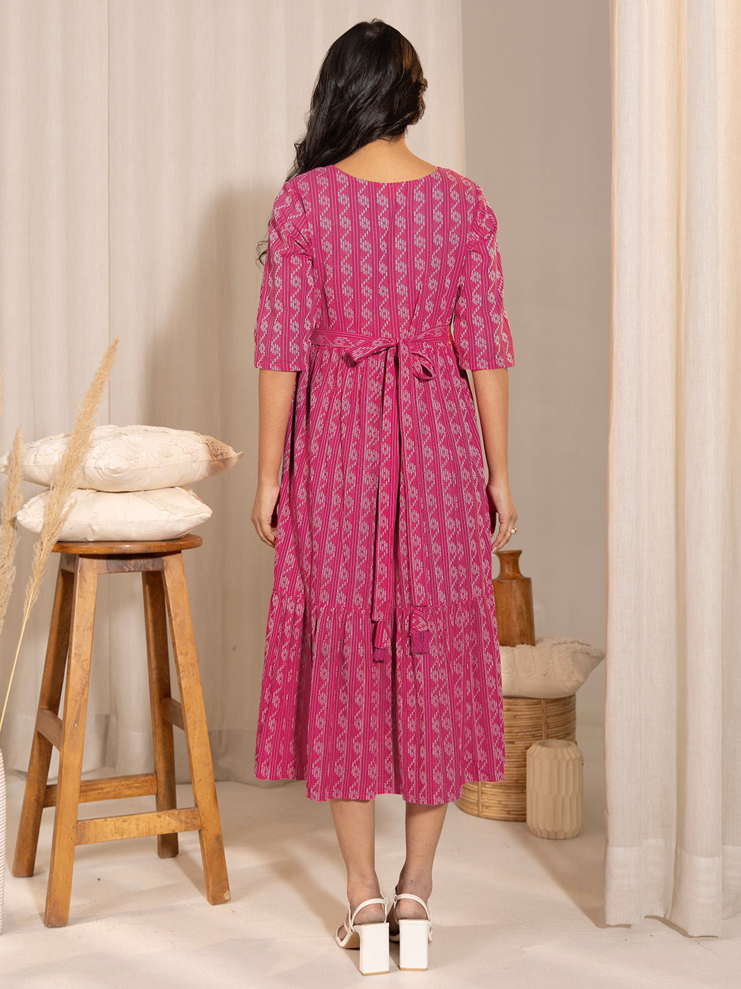 Janasya Pink Cotton Woven Design Casual Maternity Dress - Distacart