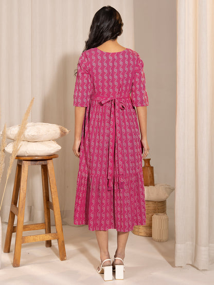 Janasya Pink Cotton Woven Design Casual Maternity Dress - Distacart
