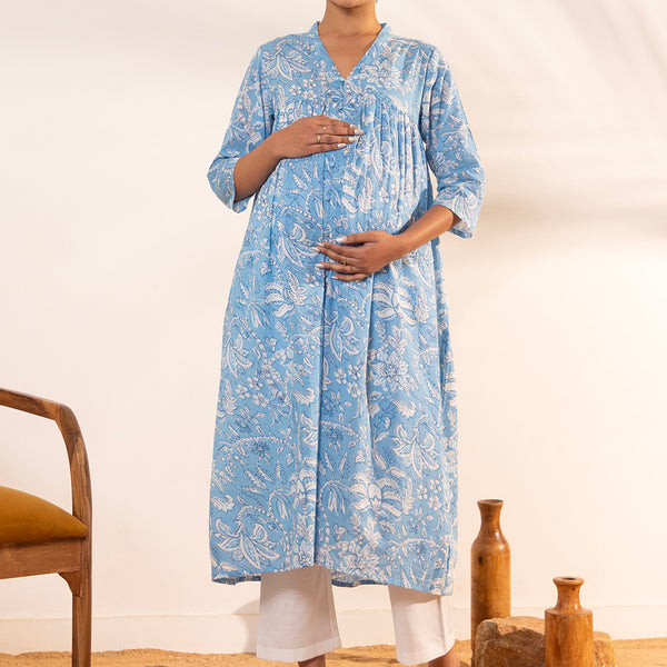 Janasya Sky Blue Cotton Floral Printed Casual Maternity Kurta - Distacart