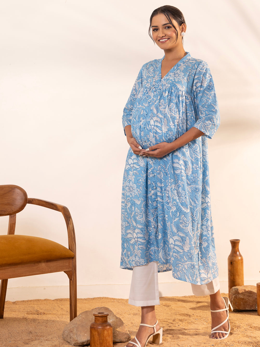 Janasya Sky Blue Cotton Floral Printed Casual Maternity Kurta - Distacart