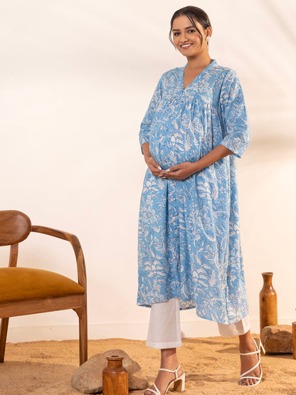 Janasya Sky Blue Cotton Floral Printed Casual Maternity Kurta - Distacart