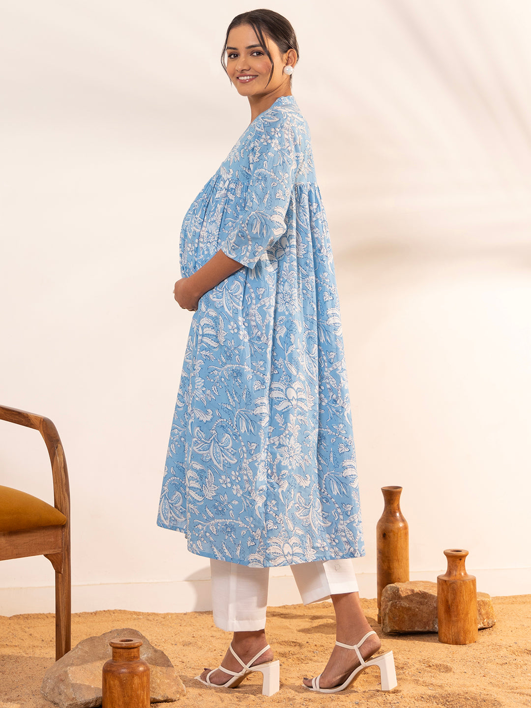 Janasya Sky Blue Cotton Floral Printed Casual Maternity Kurta - Distacart
