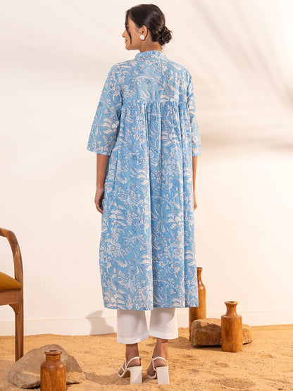 Janasya Sky Blue Cotton Floral Printed Casual Maternity Kurta - Distacart