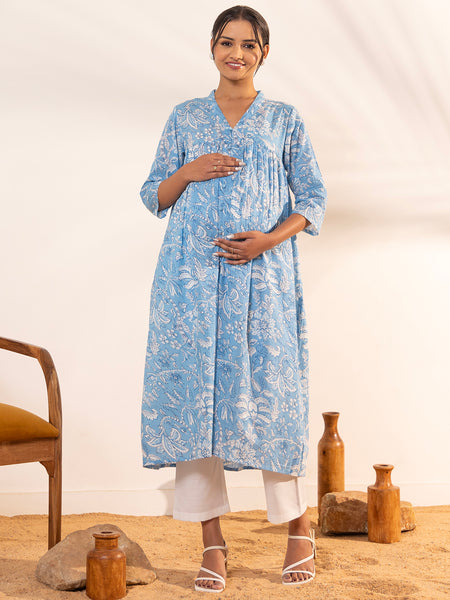 Janasya Sky Blue Cotton Floral Printed Casual Maternity Kurta - Distacart