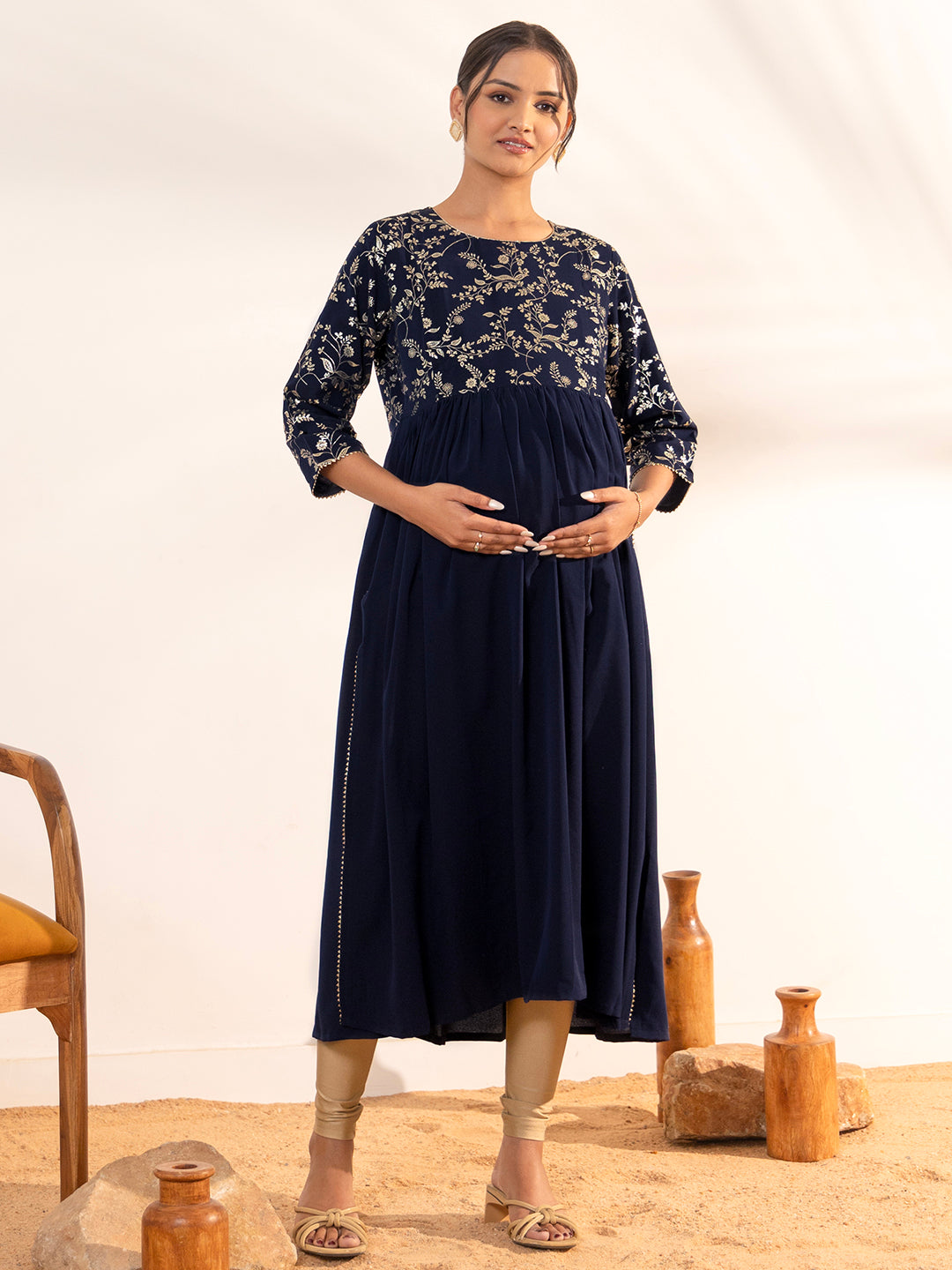 Janasya Navy Blue Georgette Yoke Foil Printed Casual Maternity Kurta - Distacart