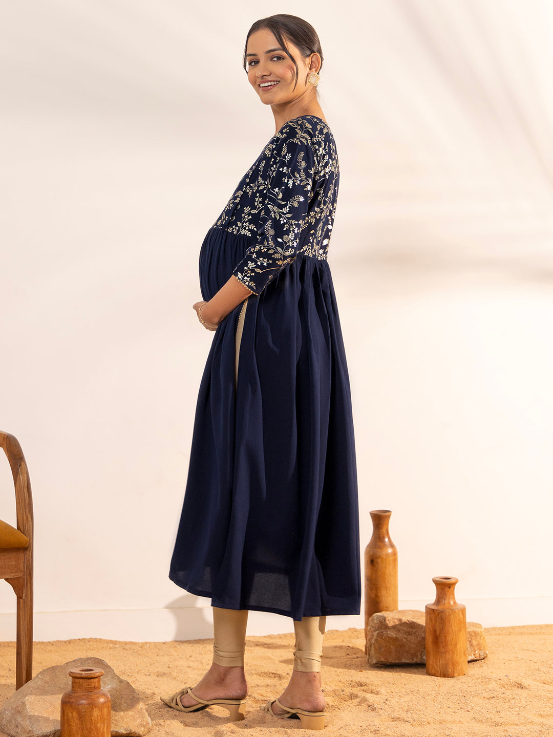 Janasya Navy Blue Georgette Yoke Foil Printed Casual Maternity Kurta - Distacart