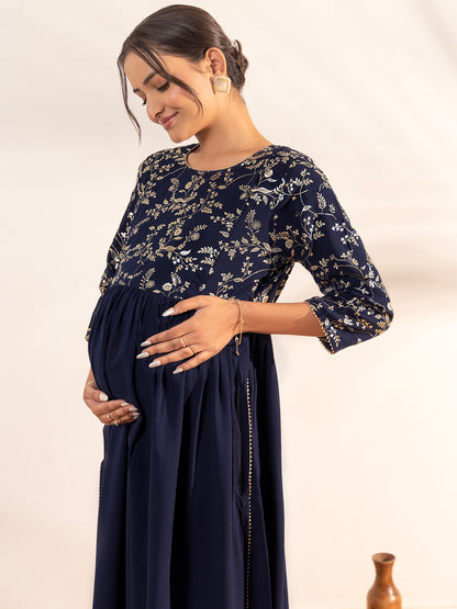Janasya Navy Blue Georgette Yoke Foil Printed Casual Maternity Kurta - Distacart