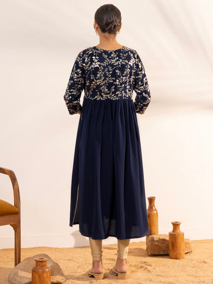 Janasya Navy Blue Georgette Yoke Foil Printed Casual Maternity Kurta - Distacart