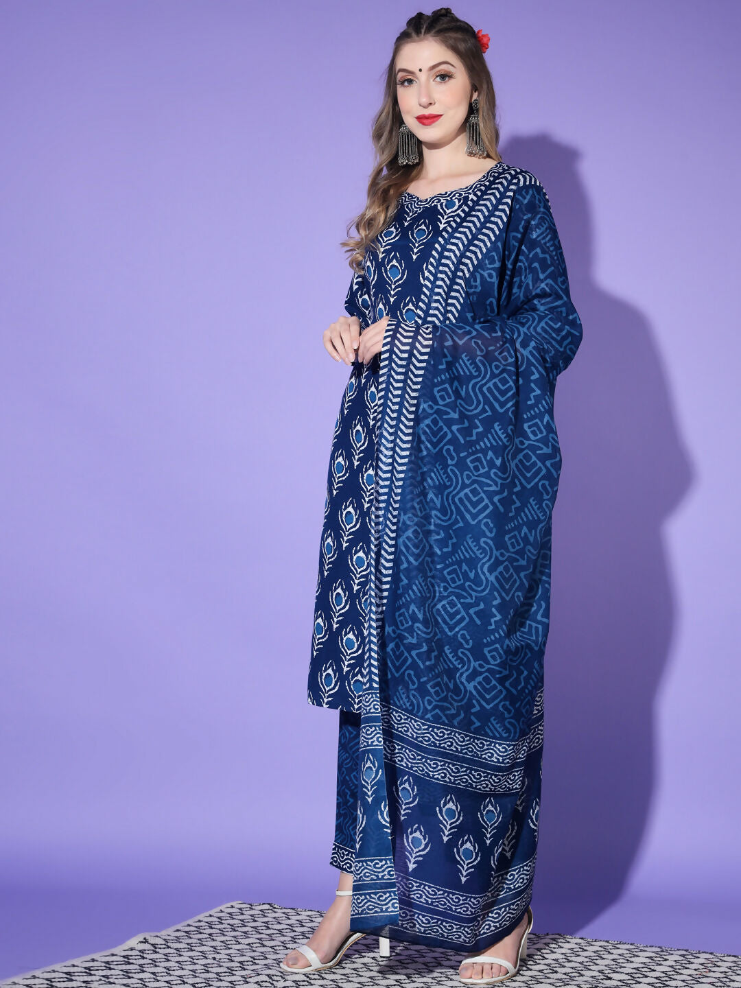 Vamika Poly Rayon Printed Royal Blue Party Wear/Casual Wear/Office Wear Kurta Set/Suit - Distacart