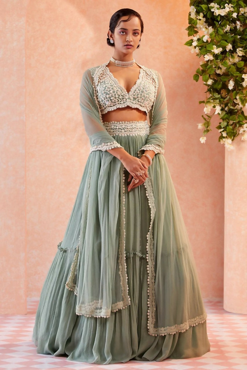 Jyoti Fashion Sea Green Two Tier Crush Georgette Lehenga Choli with Dupatta - Distacart