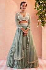 Thumbnail for Jyoti Fashion Sea Green Two Tier Crush Georgette Lehenga Choli with Dupatta - Distacart