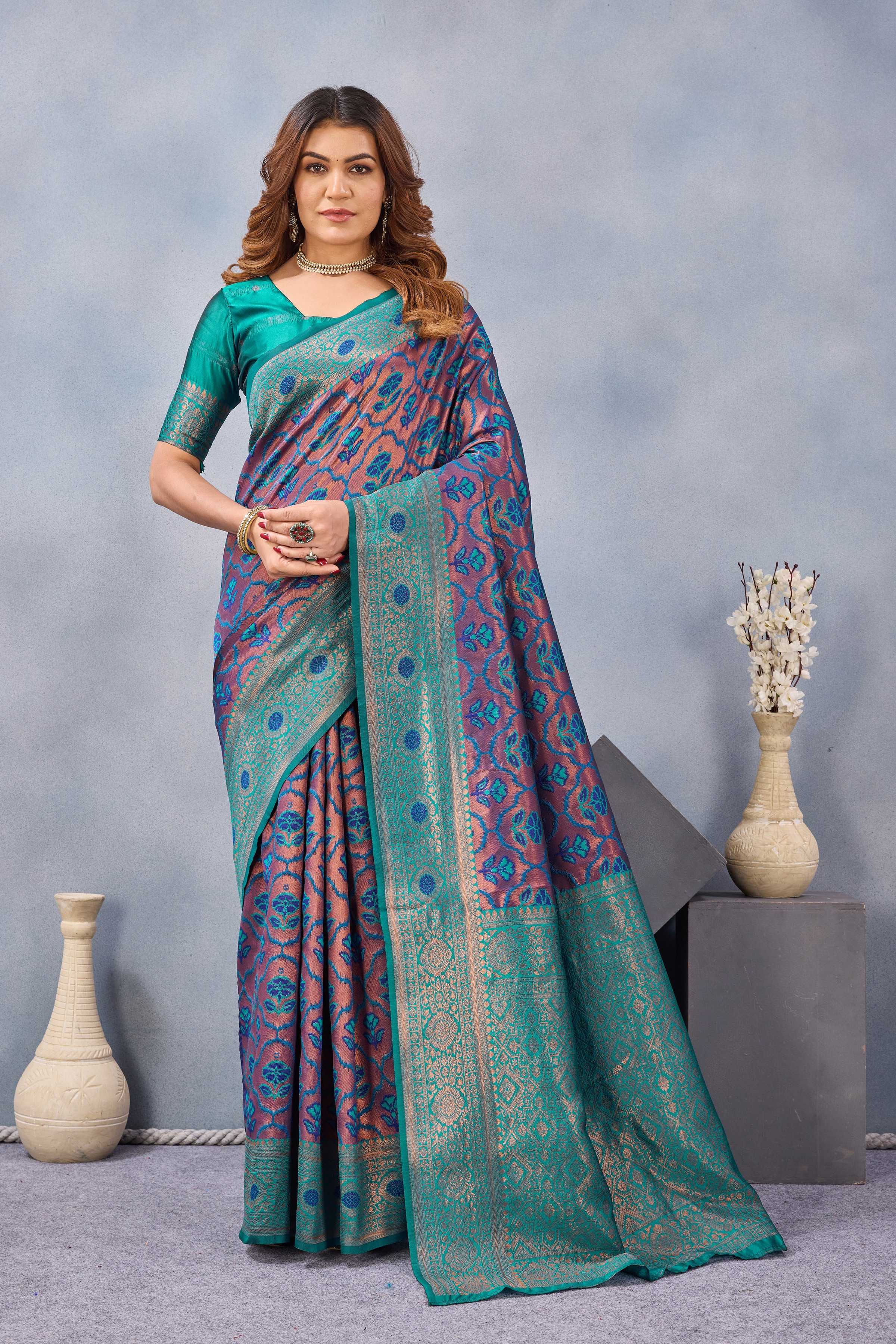 Divine International Trading Co Turquoise Soft Silk Blend Banarasi Jacuard Work Designer Party Wear Saree With Unstitched Blouse Piece - Dista