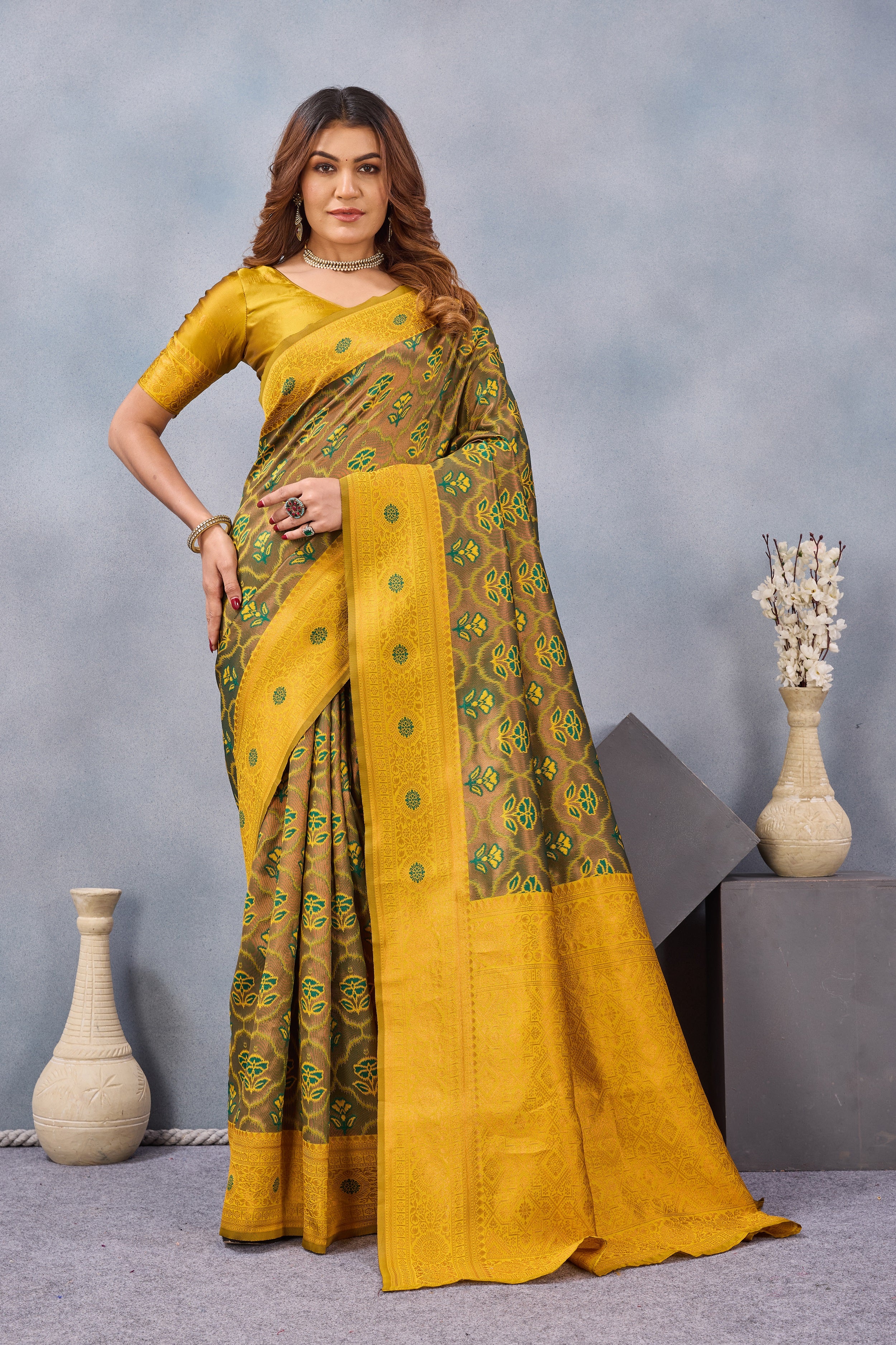 Divine International Trading Co Green Mustard Soft Silk Blend Banarasi Jacuard Work Designer Party Wear Saree With Unstitched Blouse Piece - Dista