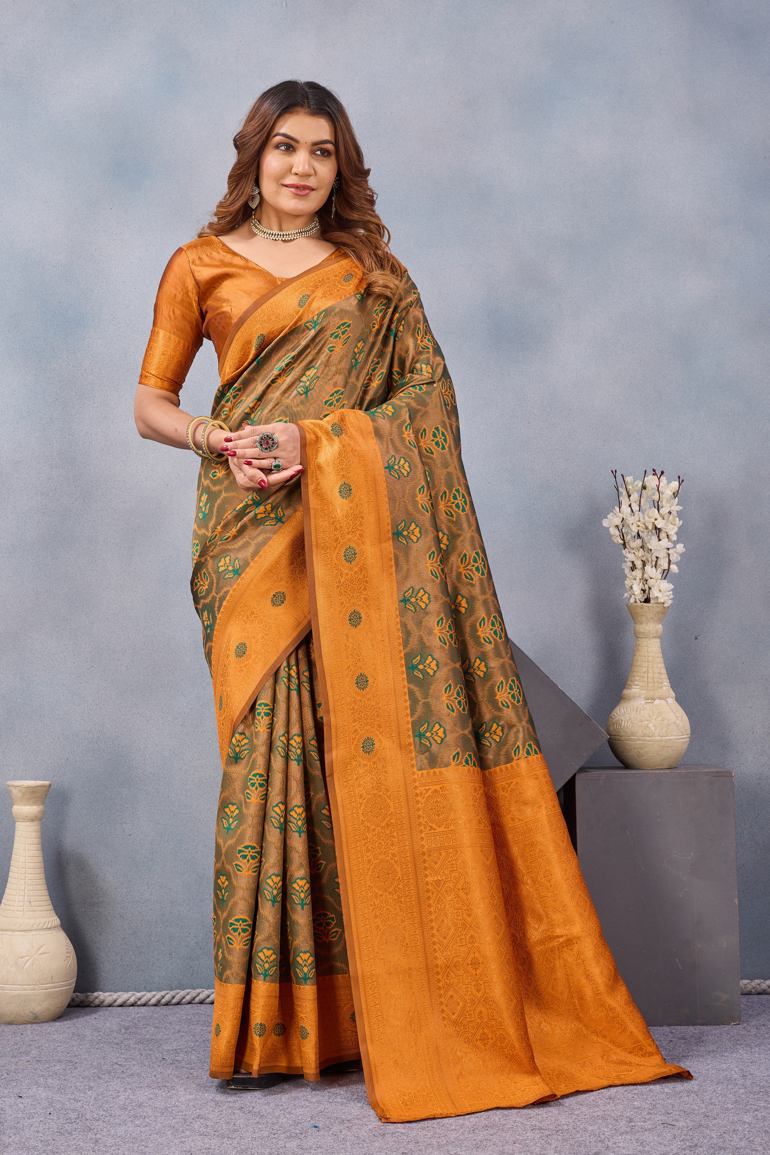 Divine International Trading Co Green Orange Soft Silk Blend Banarasi Jacuard Work Designer Party Wear Saree With Unstitched Blouse Piece - Dista