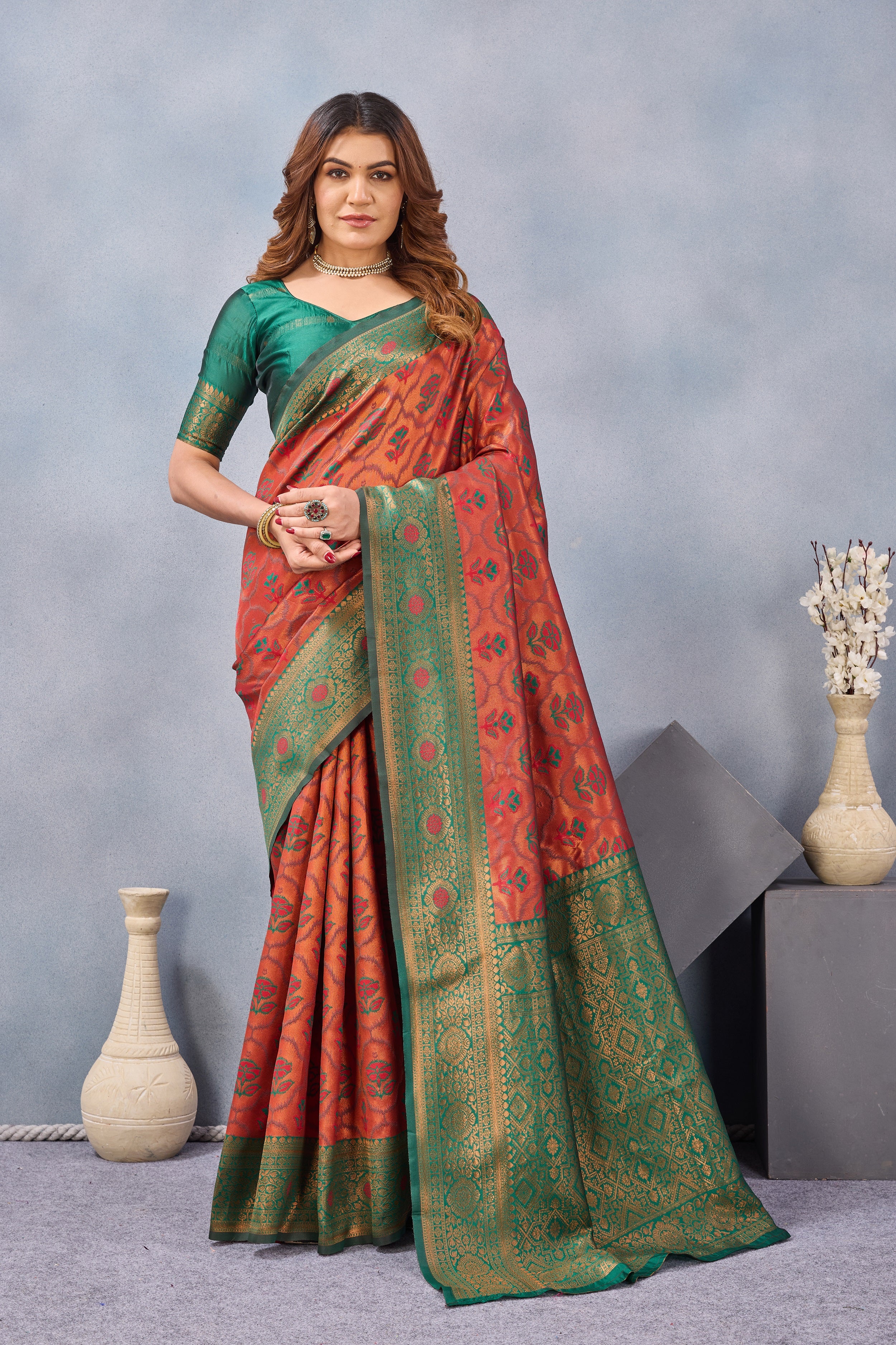 Divine International Trading Co Orange Green Soft Silk Blend Banarasi Jacuard Work Designer Party Wear Saree With Unstitched Blouse Piece - Dista