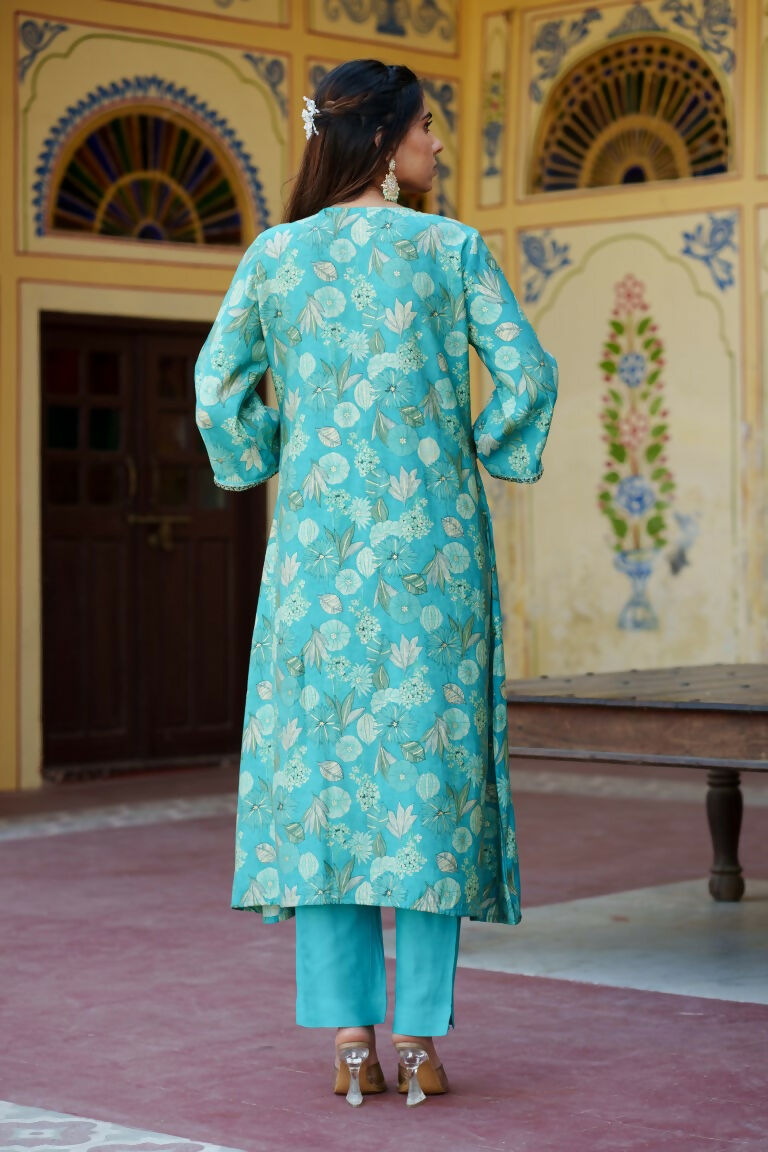 Vaasva Women Aqua Muslin Pleated Kurta & Pant Clothing Set - Distacart