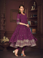 Thumbnail for Jyoti Fashion Women's Purple Georgette Embroidered Anarkali Kurta Pant Set With Dupatta - Distacart