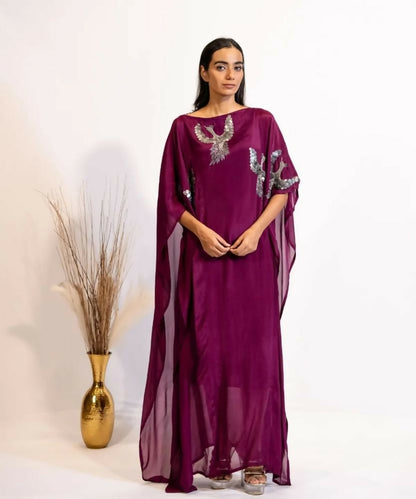 Timaraa Plum Hand Embellished Bird Kaftan Dress - Dista