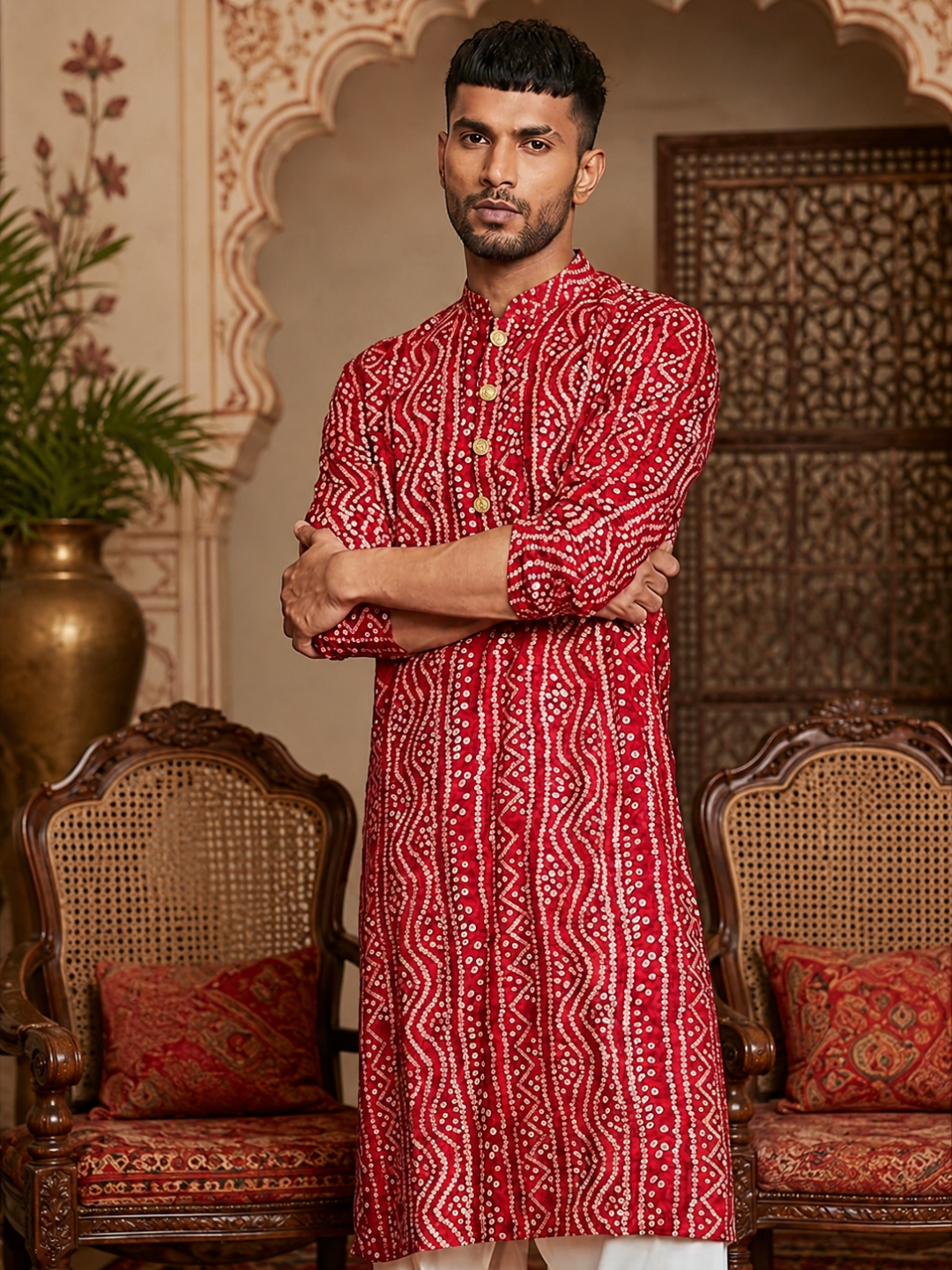 MULTI SHADES Men's Red Rayon Kurta Set