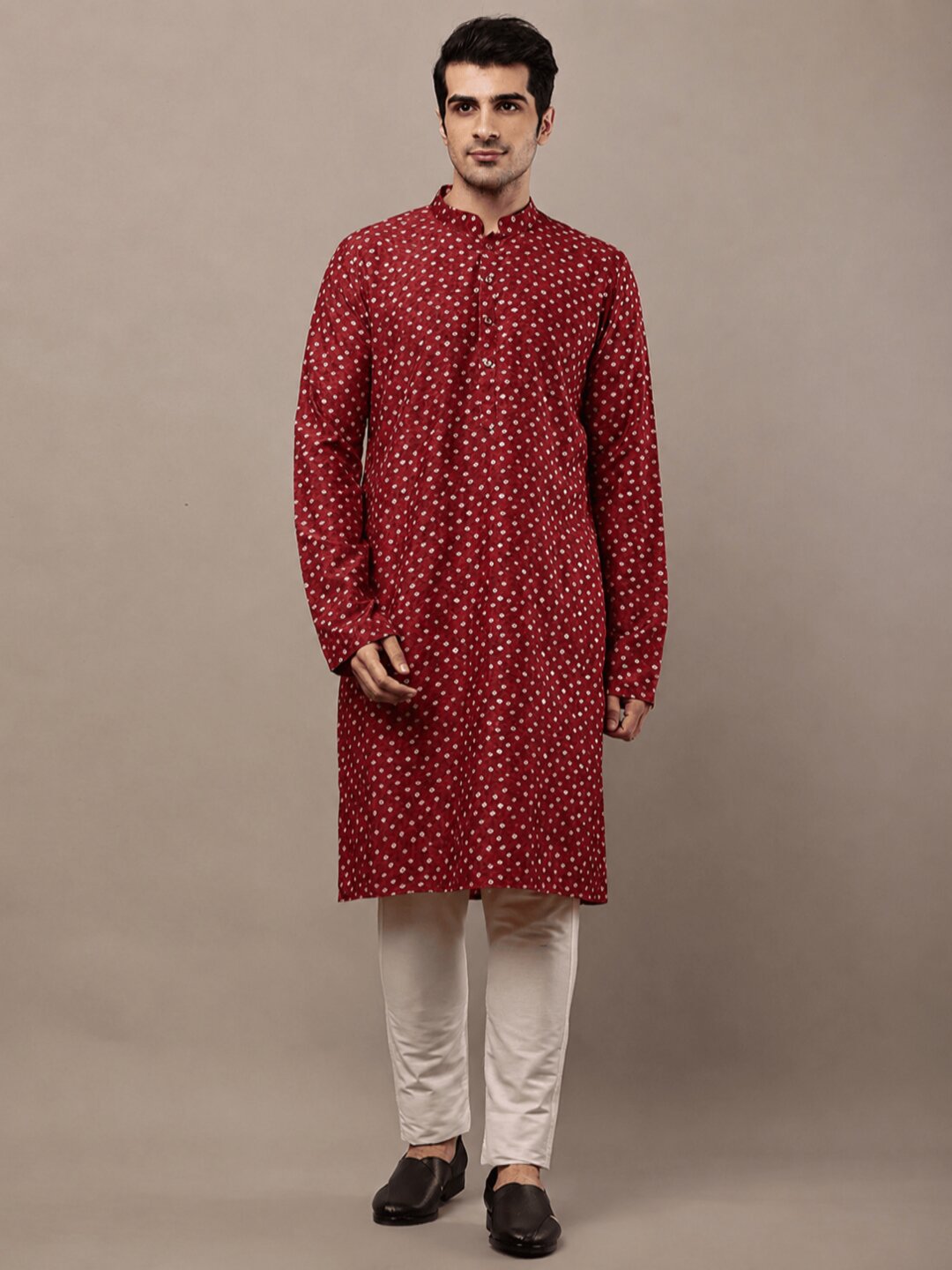 MULTI SHADES Men’s Red Printed Kurta with Cream Pyjama & All-Over Ethnic Motifs Set With Cream Pyjama