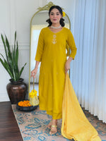 Thumbnail for The52 Yellow Women's Beautiful Embroidered Rayon Fabric with Straight Kurta, Pant and Dupatta Set - Distacart