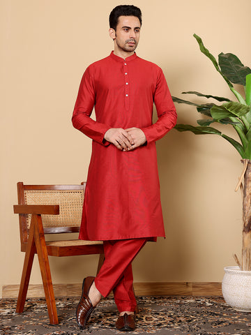 MULTI SHADES Men's Long Sleeve Mandarin Collar Red Straight Viscose Silk Kurta - Dista