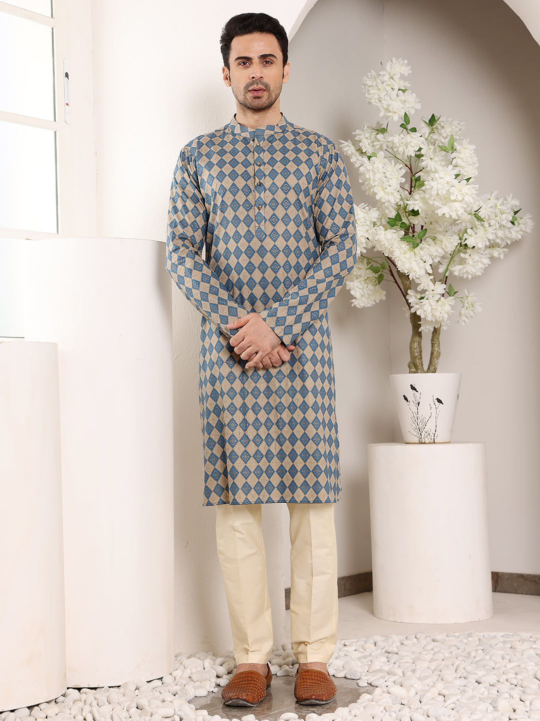 MULTI SHADES Men's Elegant Printed Blue And Cream Straight Cotton Kurta,Cream Solid Trouser Style Churidar - Dista
