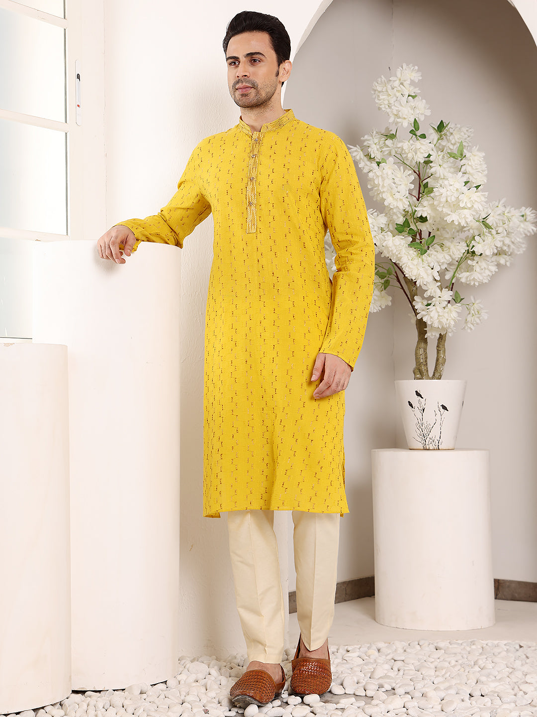 MULTI SHADES Men's Long Sleeve Mandarin Collar Straight Yellow Cotton Kurta With Thread Embroidery - Dista
