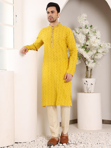 MULTI SHADES Men's Long Sleeve Mandarin Collar Straight Yellow Cotton Kurta With Thread Embroidery - Dista