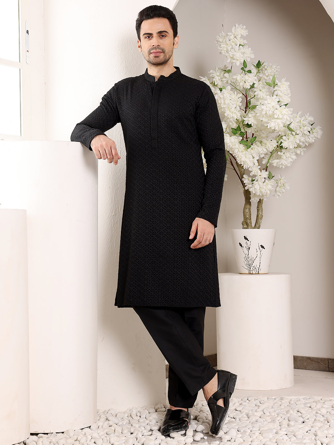 MULTI SHADES Men's Straight Classic Black Rayon Silk Chikankari Kurta,Black Solid Trouser Style Churidar - Dista