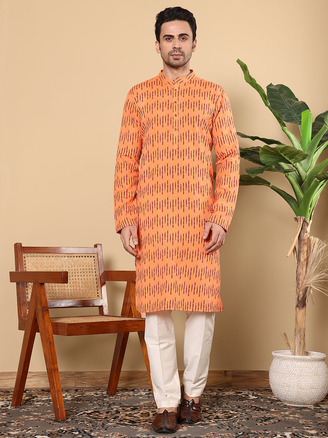 MULTI SHADES Men's Orange Straight Cotton Printed Kurta,Cream Solid Trouser Style Churidar - Dista