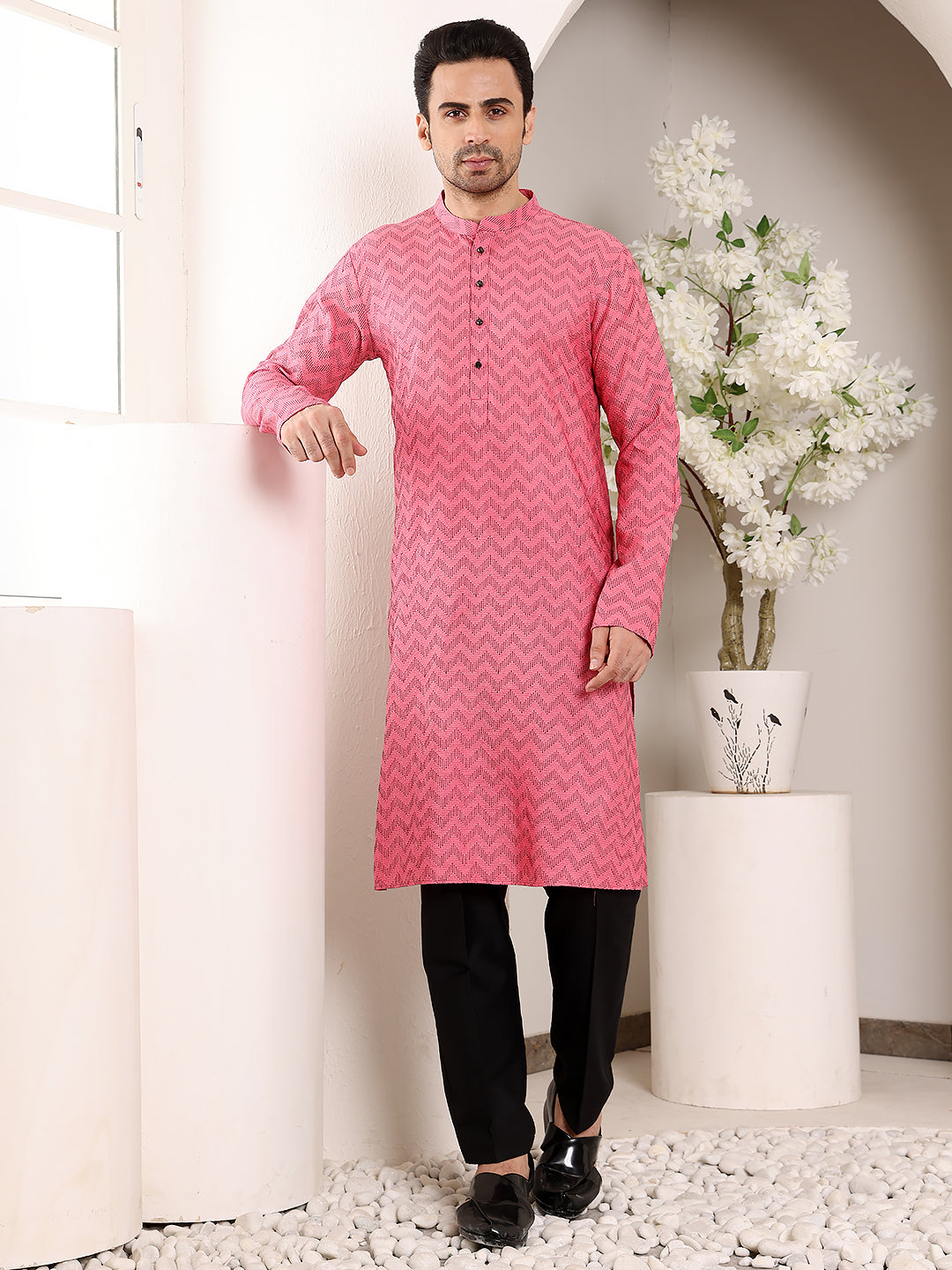 MULTI SHADES Men's Pink Straight Cotton Printed Kurta,Black Solid Trouser Style Churidar - Dista