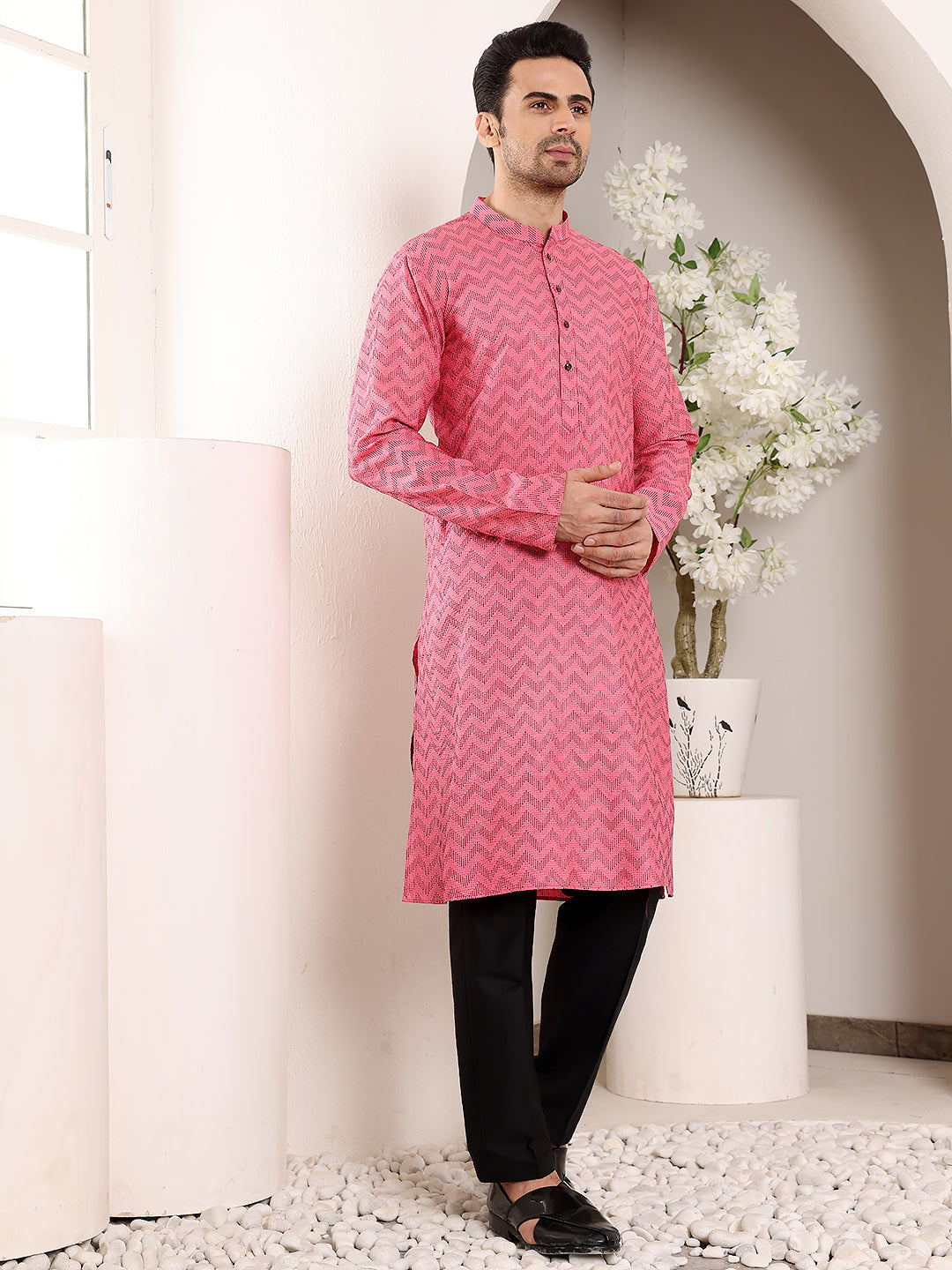 MULTI SHADES Men's Pink Straight Cotton Printed Kurta,Black Solid Trouser Style Churidar - Dista