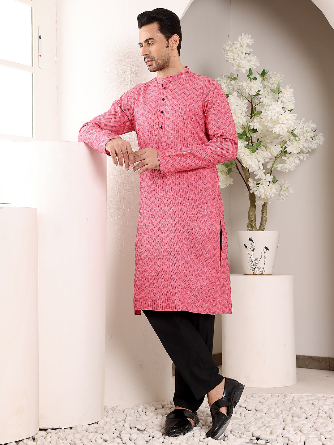 MULTI SHADES Men's Pink Straight Cotton Printed Kurta,Black Solid Trouser Style Churidar - Dista