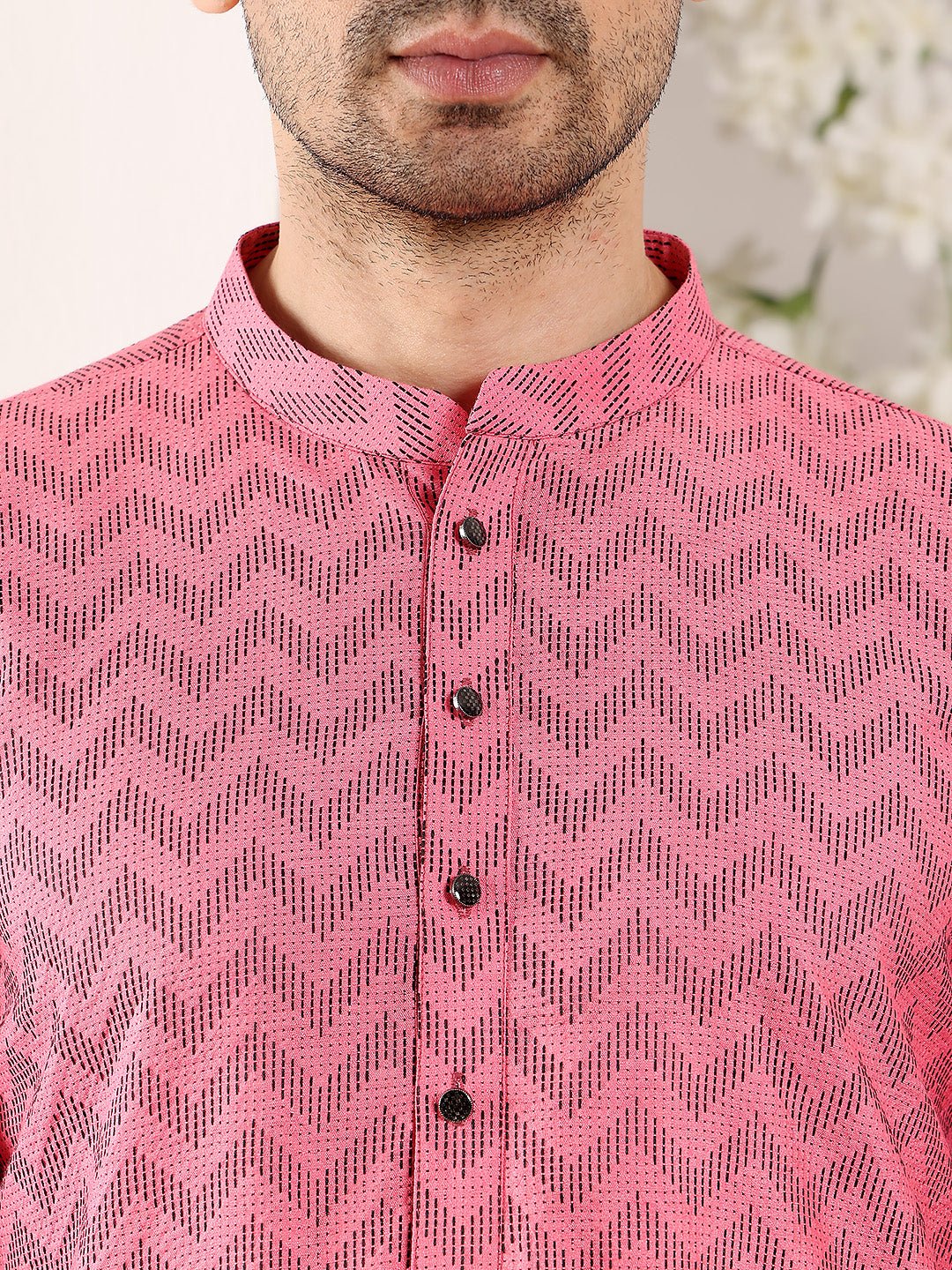 MULTI SHADES Men's Pink Straight Cotton Printed Kurta,Black Solid Trouser Style Churidar - Dista