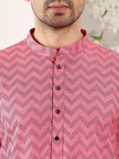 MULTI SHADES Men's Pink Straight Cotton Printed Kurta,Black Solid Trouser Style Churidar - Dista