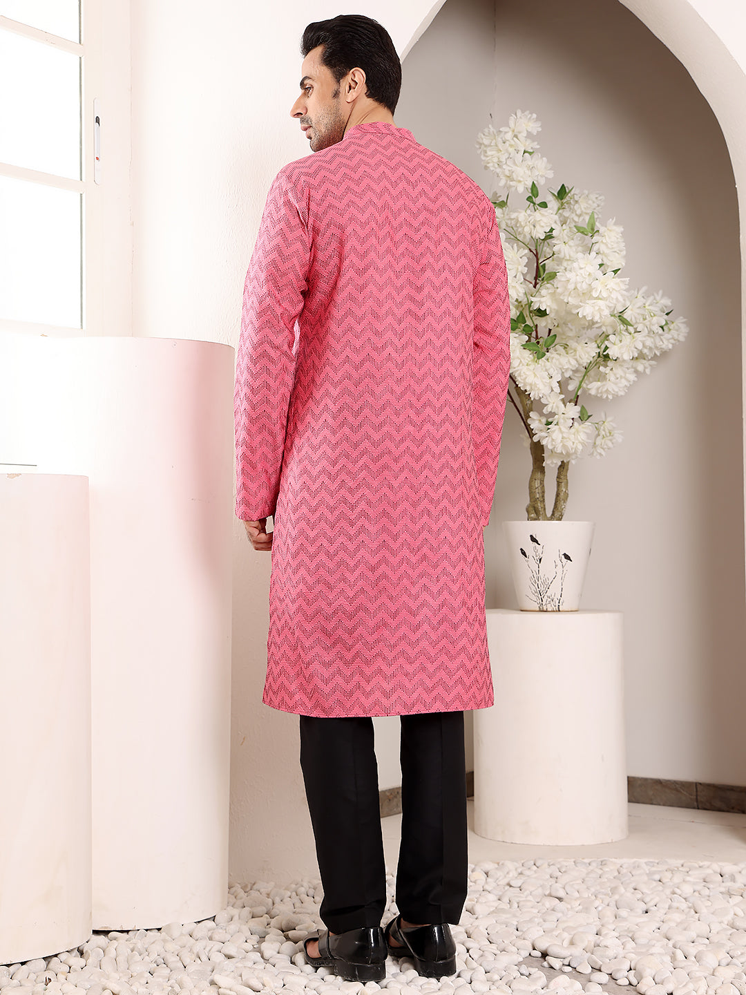 MULTI SHADES Men's Pink Straight Cotton Printed Kurta,Black Solid Trouser Style Churidar - Dista