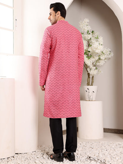 MULTI SHADES Men's Pink Straight Cotton Printed Kurta,Black Solid Trouser Style Churidar - Dista