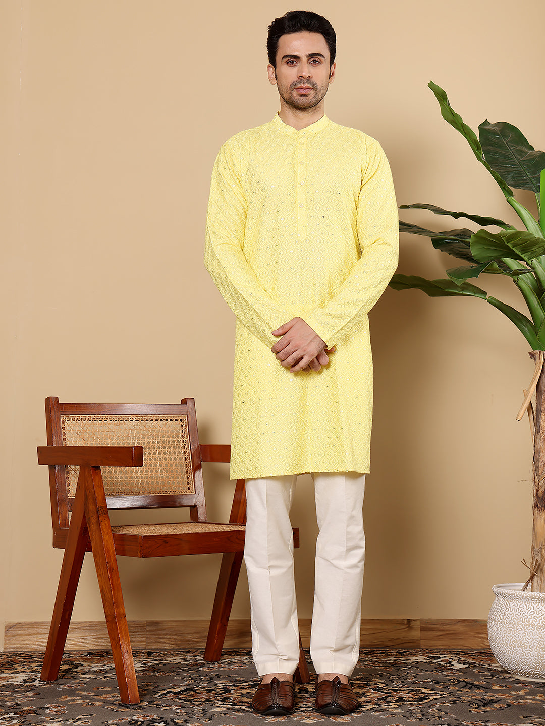 MULTI SHADES Men's Rayon Silk Straight Classic Yellow Chikankari Kurta,Off White Solid Trouser Style Churidar - Dista