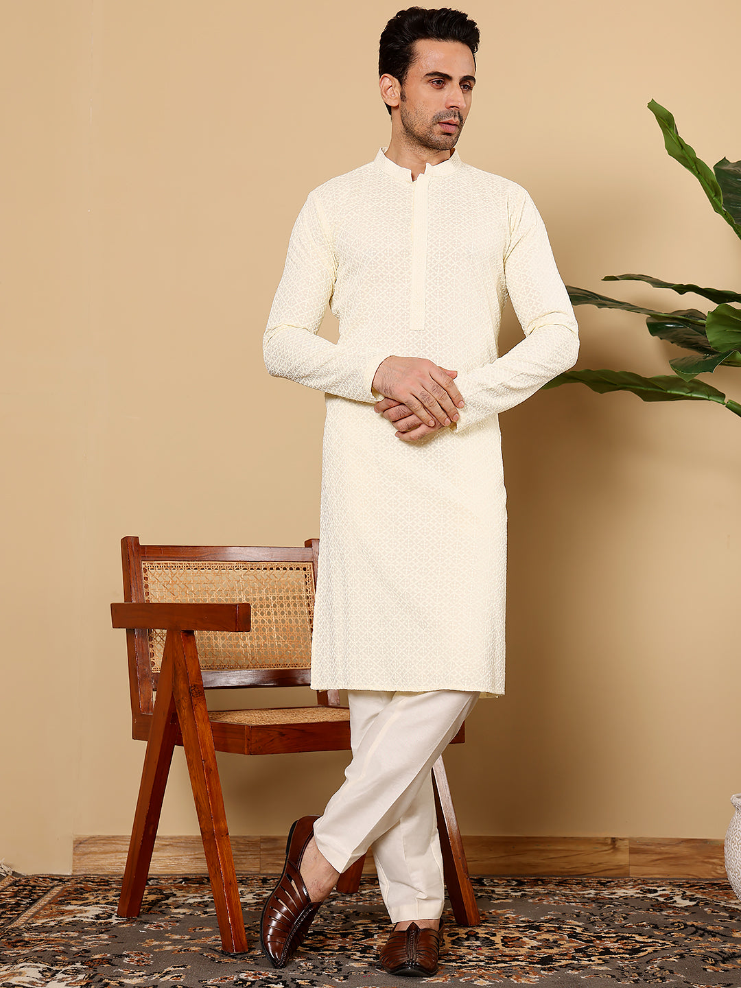 MULTI SHADES Men's Rayon Silk Straight Classic White Chikankari Kurta,Off White Solid Trouser Style Churidar - Dista