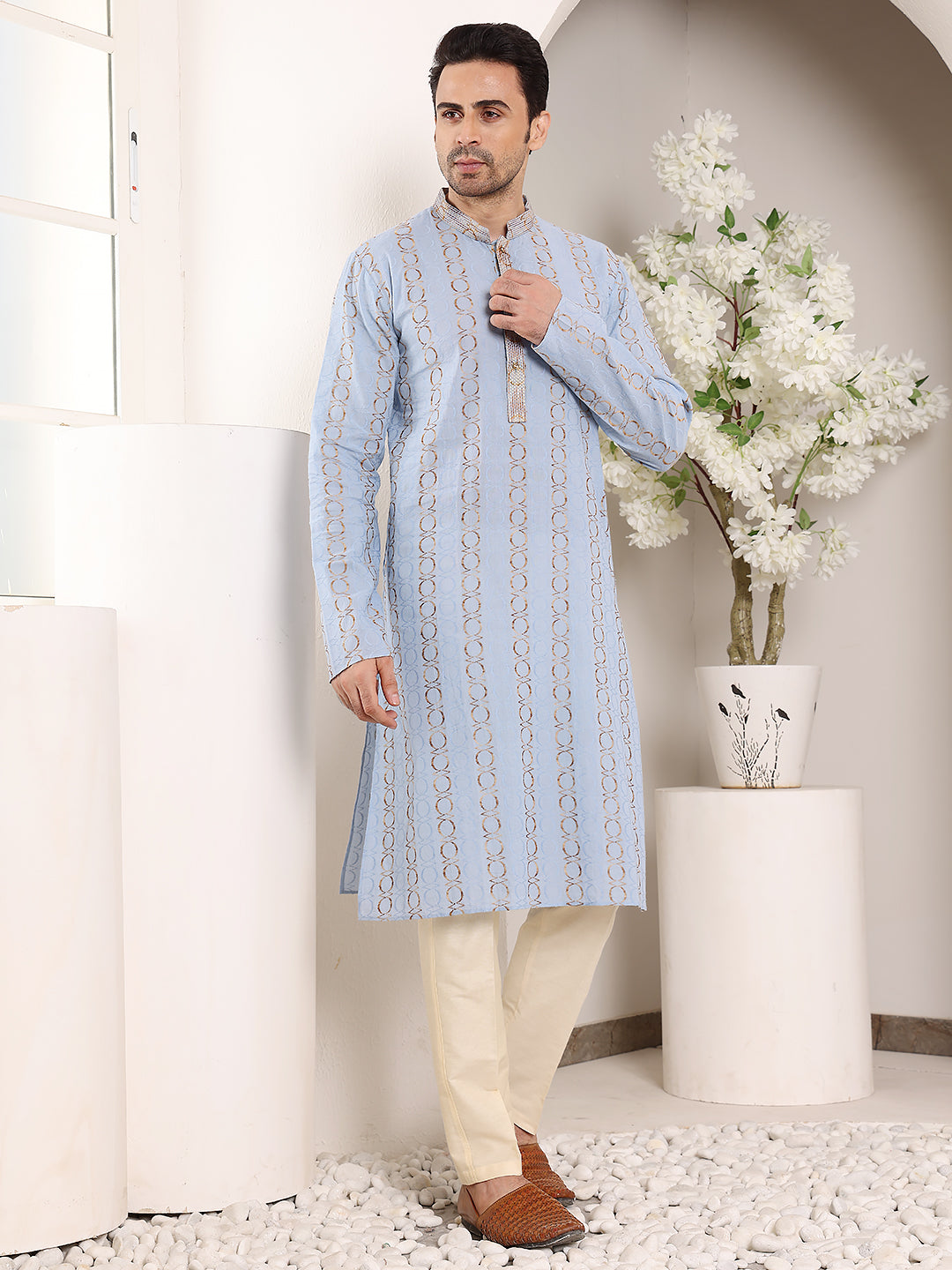 MULTI SHADES Men's Elegant Printed Blue Straight Cotton Kurta,Cream Solid Trouser Style Churidar - Dista