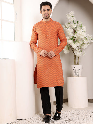 MULTI SHADES Men's Long Sleeve Mandarin Collar Elegant Orange Straight Cotton Kurta With Ikkat Print - Dista