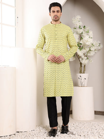 MULTI SHADES Men's Elegant Yellow Straight Cotton Kurta With Embroidery,Black Solid Trouser Style Churidar - Dista