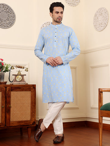 MULTI SHADES Men's Elegant Blue Printed Straight Cotton Kurta,Cream Solid Trouser Style Churidar - Dista