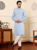 MULTI SHADES Men's Elegant Blue Printed Straight Cotton Kurta,Cream Solid Trouser Style Churidar - Dista