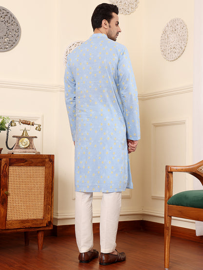 MULTI SHADES Men's Elegant Blue Printed Straight Cotton Kurta,Cream Solid Trouser Style Churidar - Dista